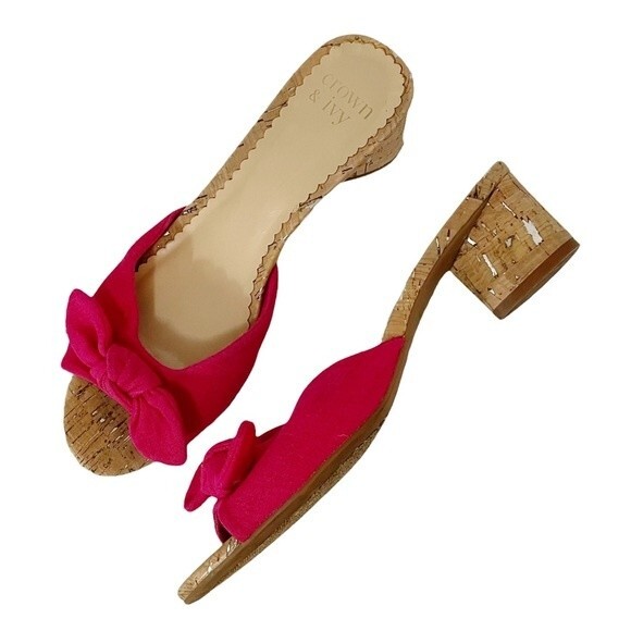 Crown & Ivy Winnie Slides Fuchsia Fabric Bow Cork Block Heel Sandal Size 7.5 - Picture 1 of 14